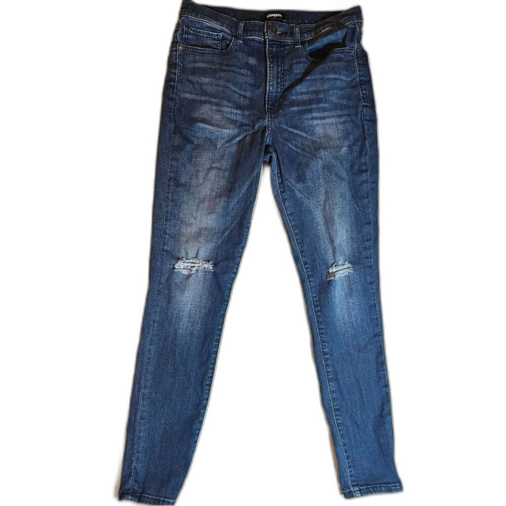 Express Women’s Skinny Jeans Size 10R High Rise Blue Distressed Knee Denim EUC